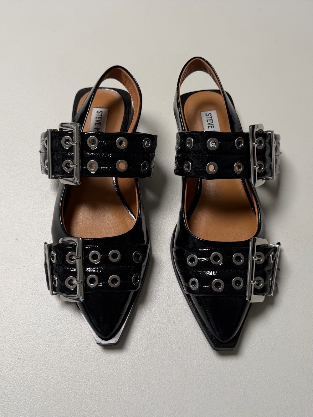 Steve Madden Black Patent Pointed Slingback Flats with Grommet Buckles